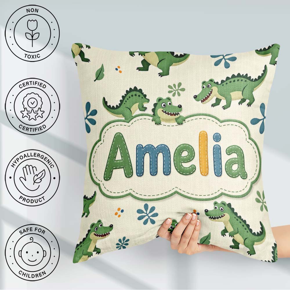 Custom Name Cute Cartoon Crocodiles Jungle Leaves Playful Animal Square Filled Cushion Throw Pillow Sofa Bed Home Decor Zip Washable UK Made
