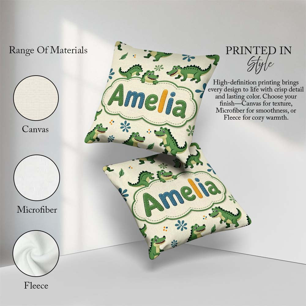 Custom Name Cute Cartoon Crocodiles Jungle Leaves Playful Animal Square Filled Cushion Throw Pillow Sofa Bed Home Decor Zip Washable UK Made
