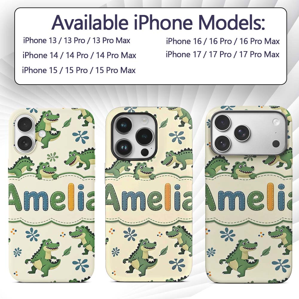 Cute Cartoon Crocodiles Jungle Leaves Playful Custom Name Protective Phone Case Mobile Cover Durable Everyday Smartphone Shock Resistant
