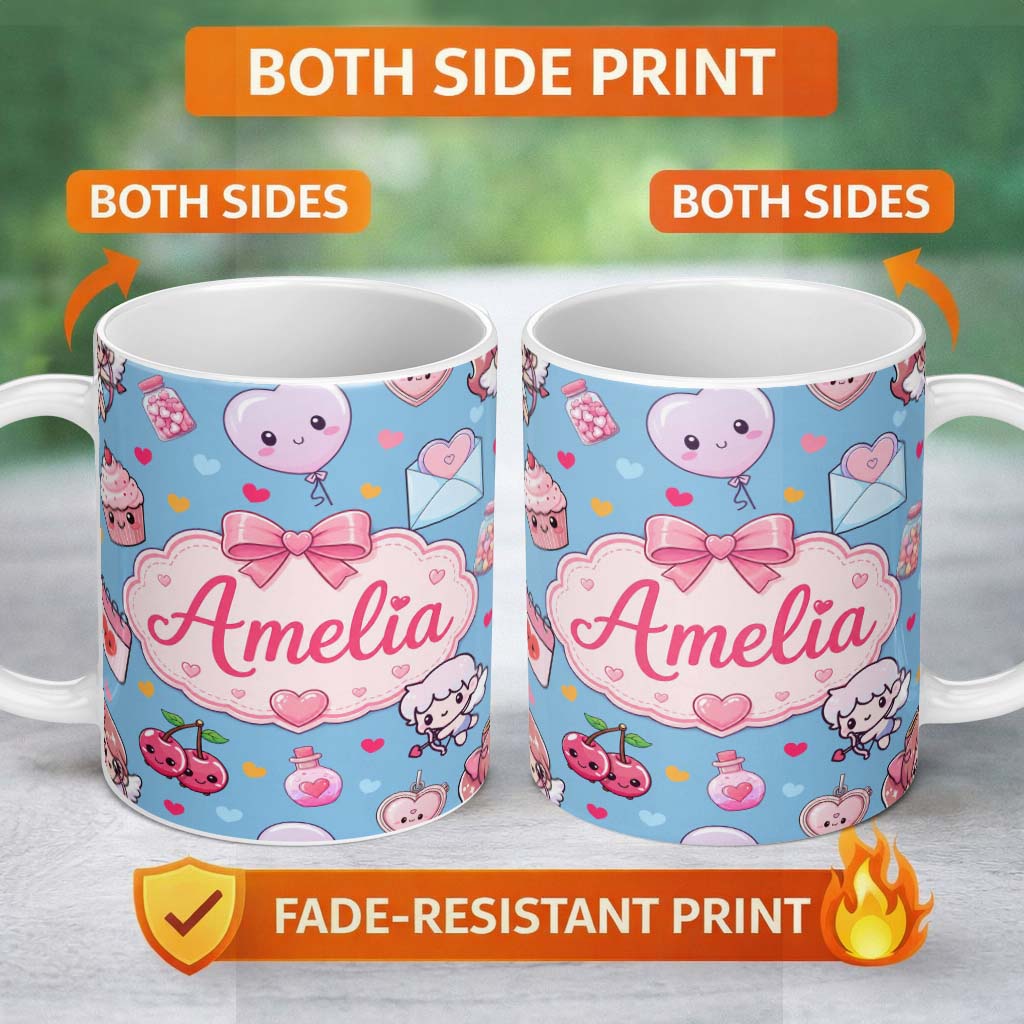 Personalized Custom Name Cute Cupid Angels Hearts Sweets Balloon Love Elements Pattern Blue 11oz Ceramic Coffee Tea Mug White Large Handle