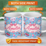 Personalized Custom Name Cute Cupid Angels Hearts Sweets Balloon Love Elements Pattern Blue 11oz Ceramic Coffee Tea Mug White Large Handle