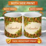 Personalized Custom Name Painterly Rustic Carrot Harvest Vegetable Seamless Pattern Lovely 11oz Ceramic Coffee Tea Mug White Large Handle
