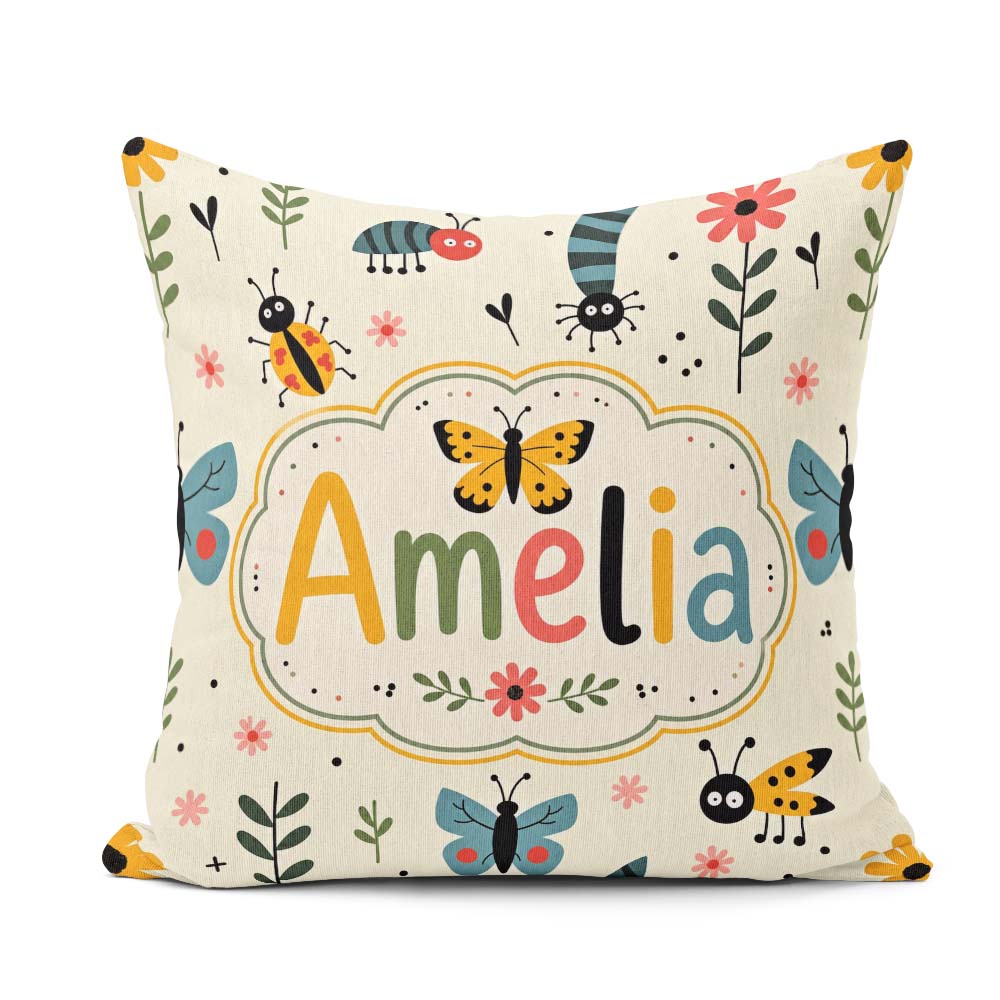 Custom Name Butterflies Ladybugs Flowers Garden Insects Seamless Square Filled Cushion Throw Pillow Sofa Bed Home Decor Zip Washable UK Made