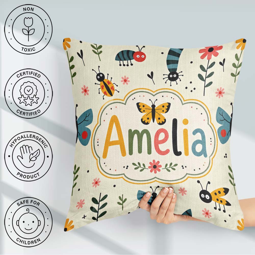 Custom Name Butterflies Ladybugs Flowers Garden Insects Seamless Square Filled Cushion Throw Pillow Sofa Bed Home Decor Zip Washable UK Made