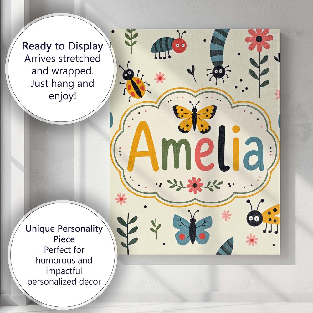 Personalised Name Cute Butterflies Ladybugs Custom  Bespoke Interior Contemporary Canvas Wall Art Print Decor Picture Ready to Hang
