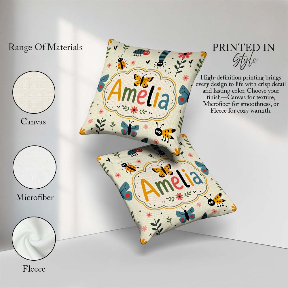 Custom Name Butterflies Ladybugs Flowers Garden Insects Seamless Square Filled Cushion Throw Pillow Sofa Bed Home Decor Zip Washable UK Made