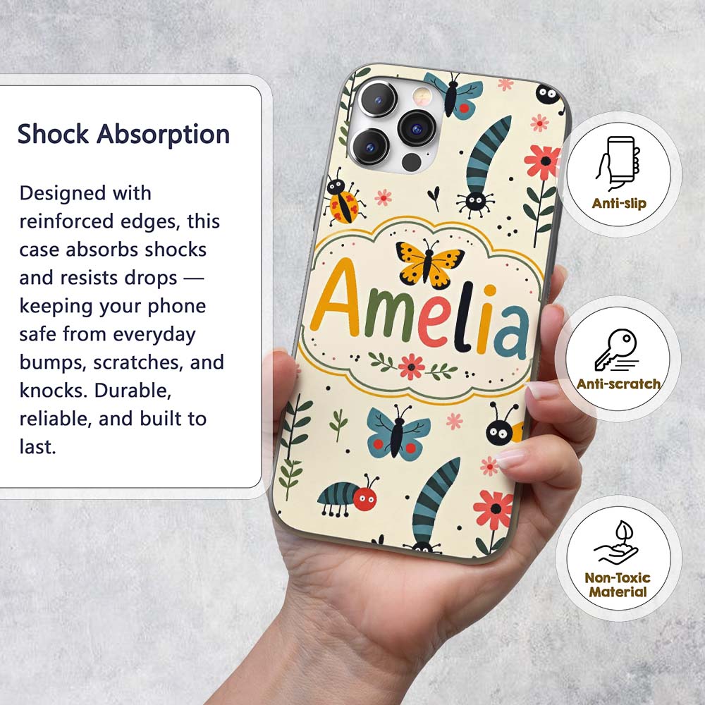 Cute Butterflies Ladybugs Flowers Garden Insects Custom Name Protective Phone Case Mobile Cover Durable Everyday Smartphone Shock Resistant