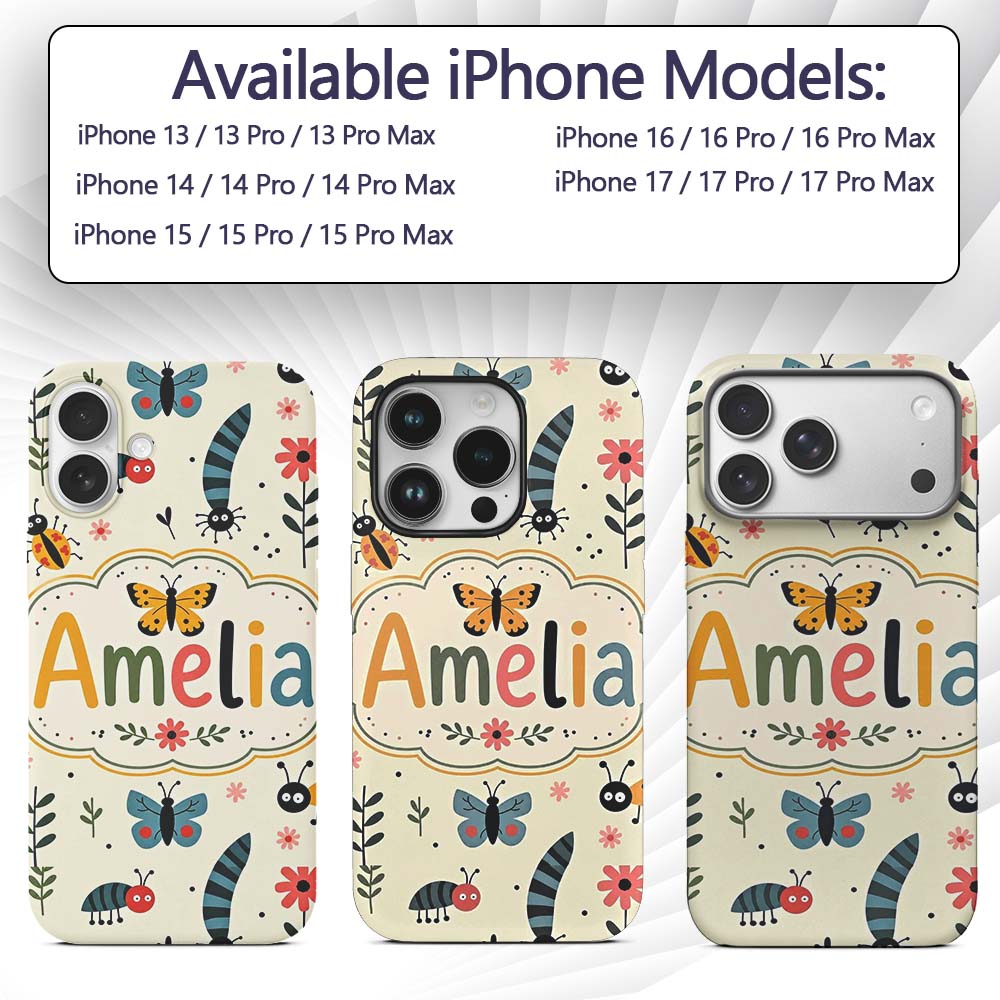 Cute Butterflies Ladybugs Flowers Garden Insects Custom Name Protective Phone Case Mobile Cover Durable Everyday Smartphone Shock Resistant