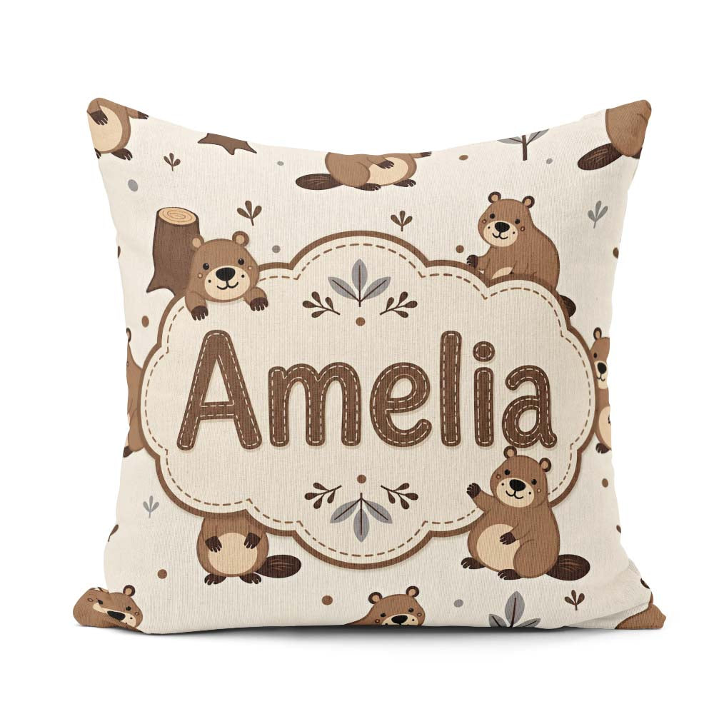 Custom Name Cute Beavers Trees Woodland Animals Seamless Pattern Square Filled Cushion Throw Pillow Sofa Bed Home Decor Zip Washable UK Made