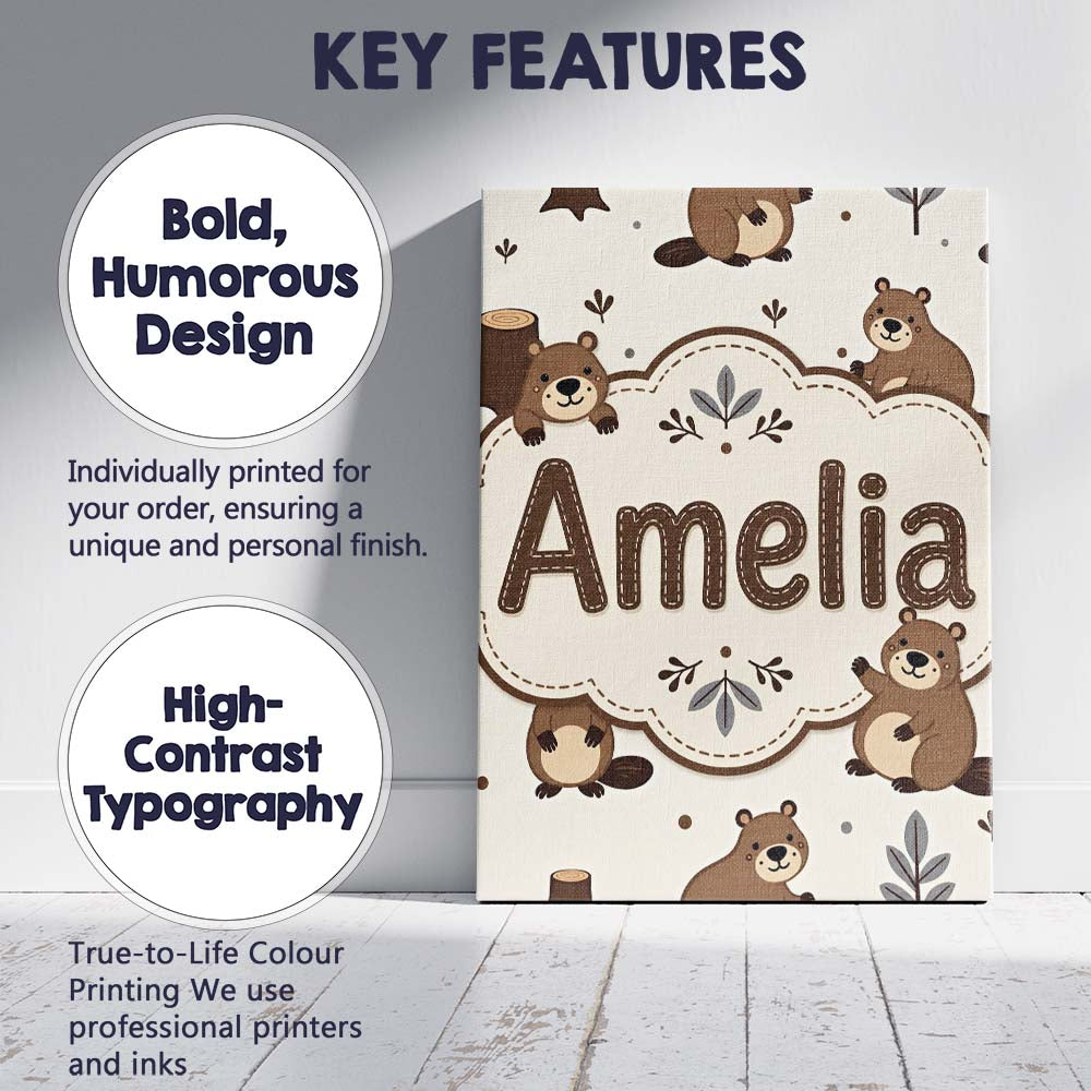 Personalised Name Cute Beavers Forest Trees Custom  Bespoke Interior Contemporary Canvas Wall Art Print Decor Picture Ready to Hang