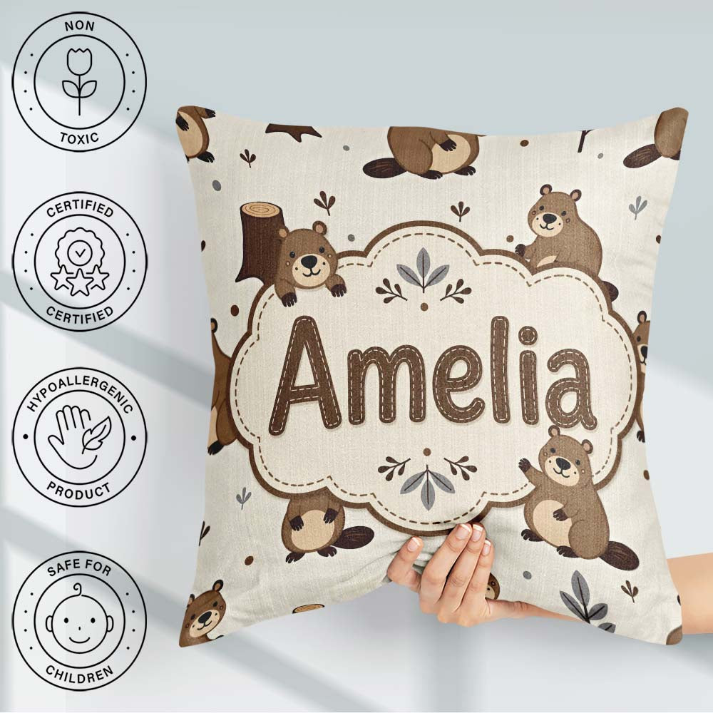 Custom Name Cute Beavers Trees Woodland Animals Seamless Pattern Square Filled Cushion Throw Pillow Sofa Bed Home Decor Zip Washable UK Made