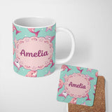 Personalized Custom Name Pink Dolphin Stingray Starfish Ocean Creatures Mint Green Polka Dot 11oz Ceramic Coffee Tea Mug White Large Handle