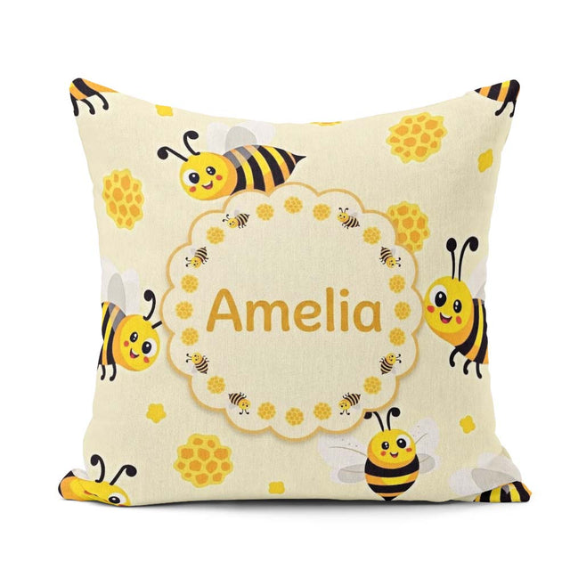 Custom Name Bees Honeycomb Sweet Kawaii Insects Seamless Pattern Square Filled Cushion Throw Pillow Sofa Bed Home Decor Zip Washable UK Made