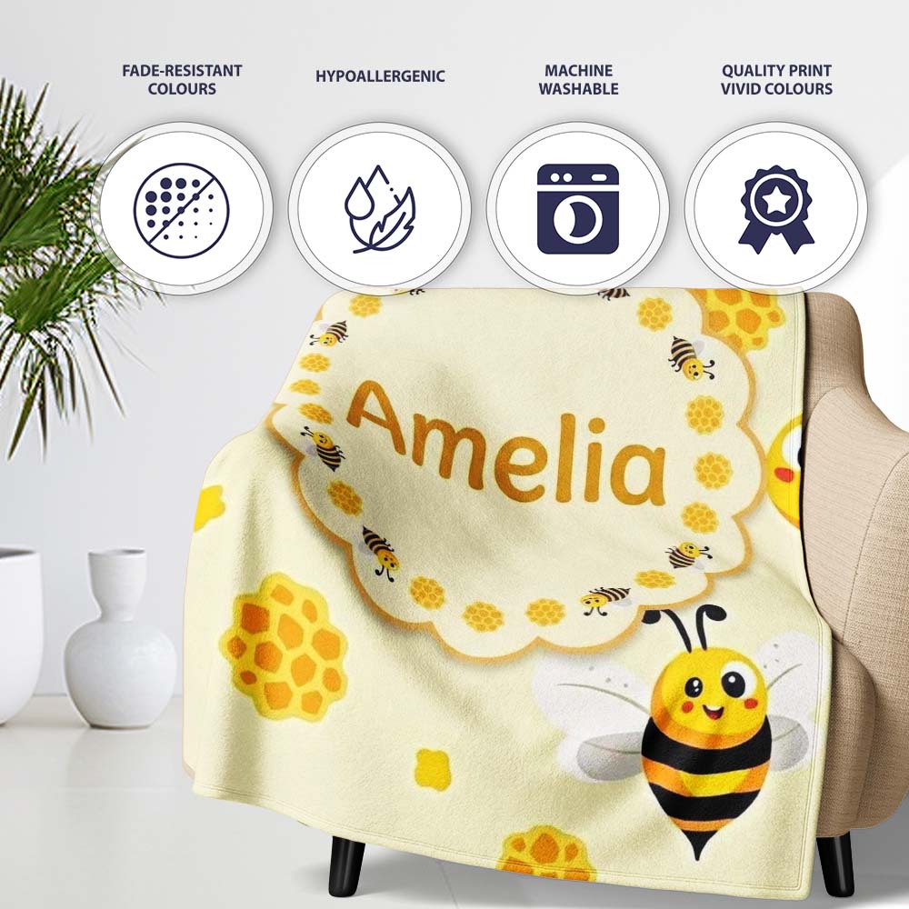 Cute Bees Honeycomb Sweet Kawaii Insects Seamless Pattern Lovely  Personalised Custom Name Super Soft Fleece Blanket Bed Sofa Throw