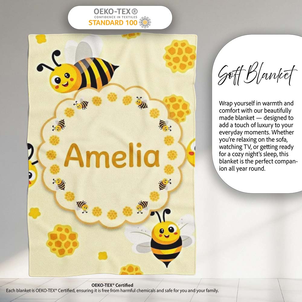 Cute Bees Honeycomb Sweet Kawaii Insects Seamless Pattern Lovely  Personalised Custom Name Super Soft Fleece Blanket Bed Sofa Throw