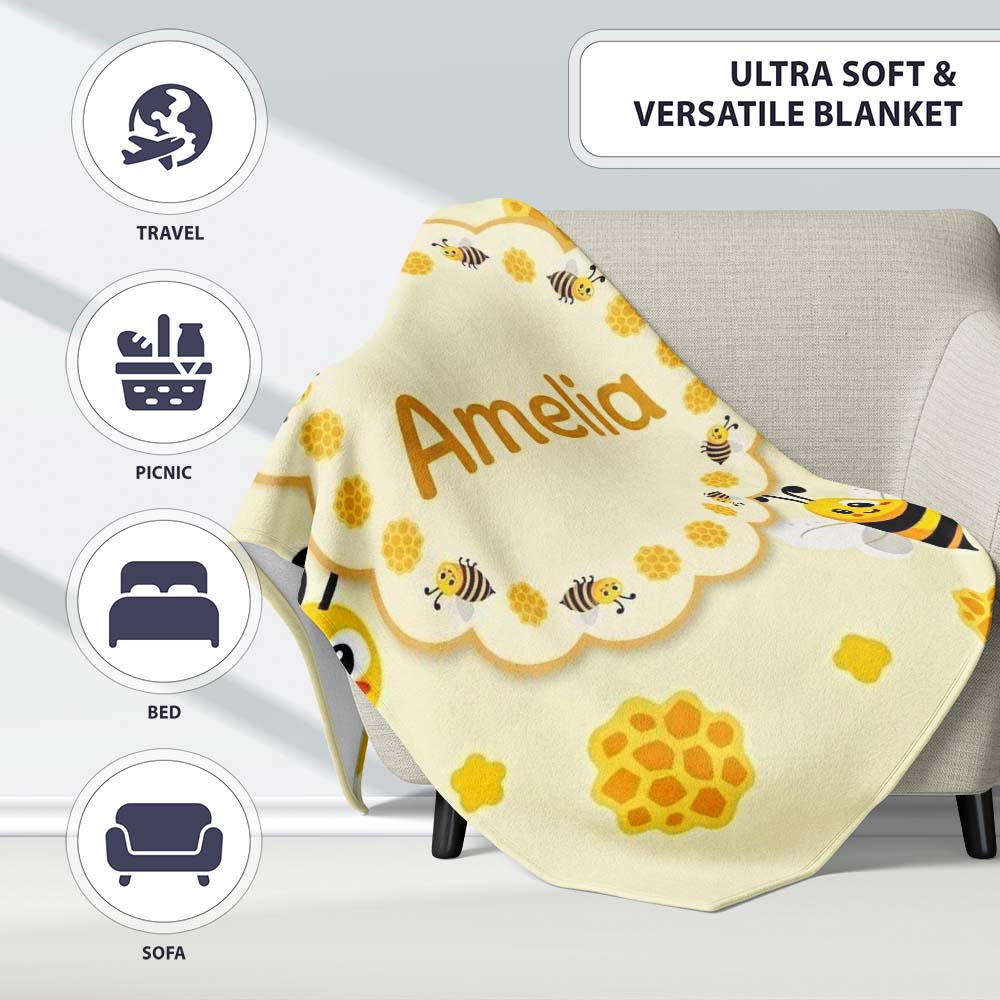 Cute Bees Honeycomb Sweet Kawaii Insects Seamless Pattern Lovely  Personalised Custom Name Super Soft Fleece Blanket Bed Sofa Throw