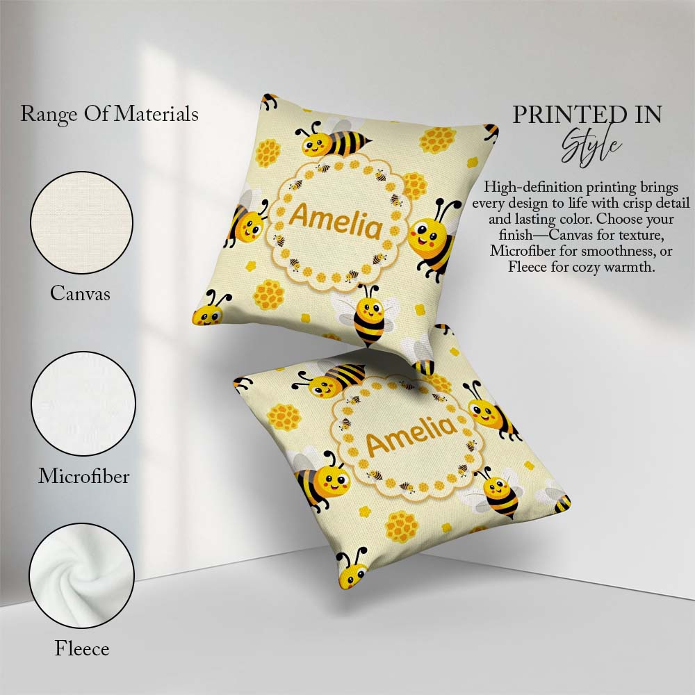 Custom Name Bees Honeycomb Sweet Kawaii Insects Seamless Pattern Square Filled Cushion Throw Pillow Sofa Bed Home Decor Zip Washable UK Made