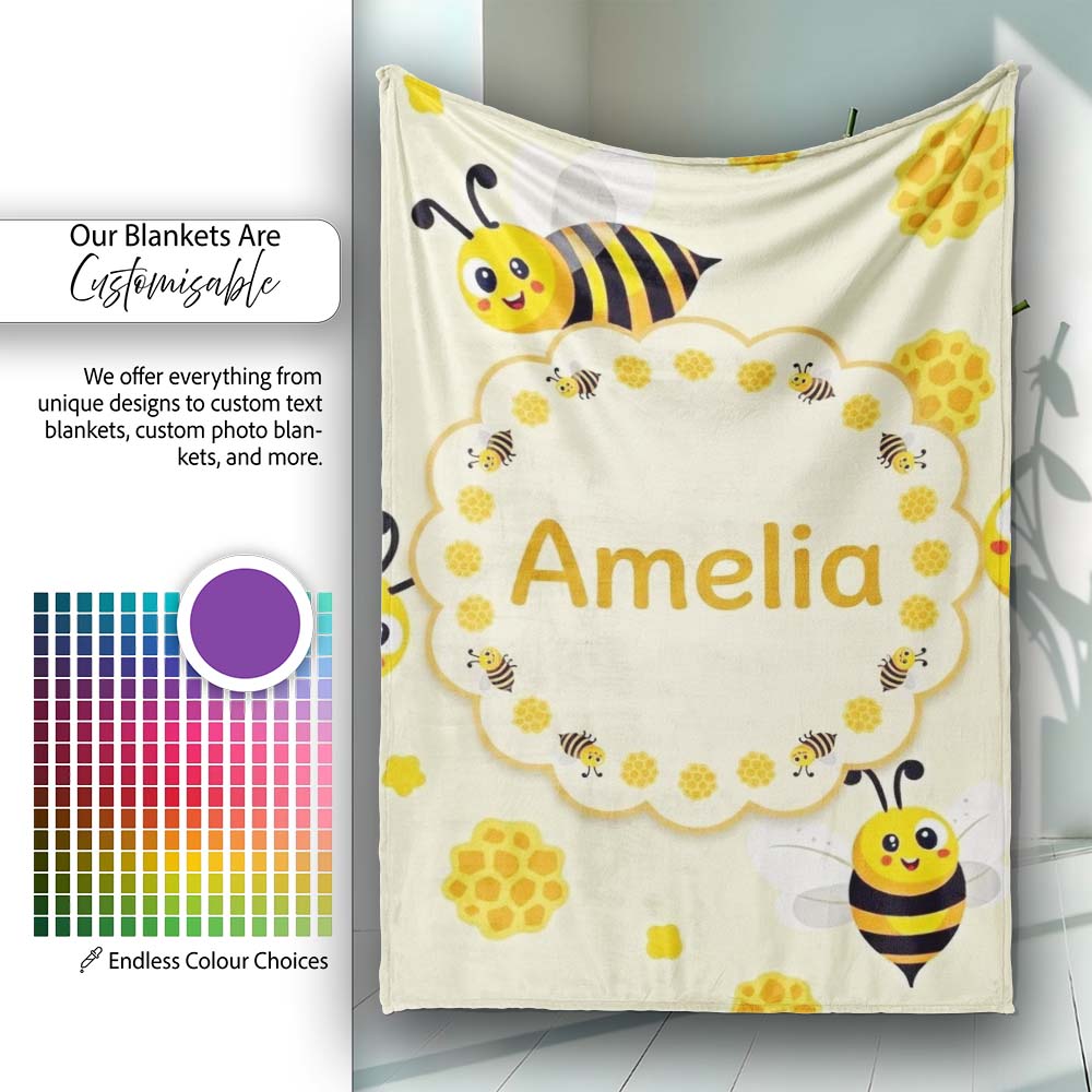 Cute Bees Honeycomb Sweet Kawaii Insects Seamless Pattern Lovely  Personalised Custom Name Super Soft Fleece Blanket Bed Sofa Throw