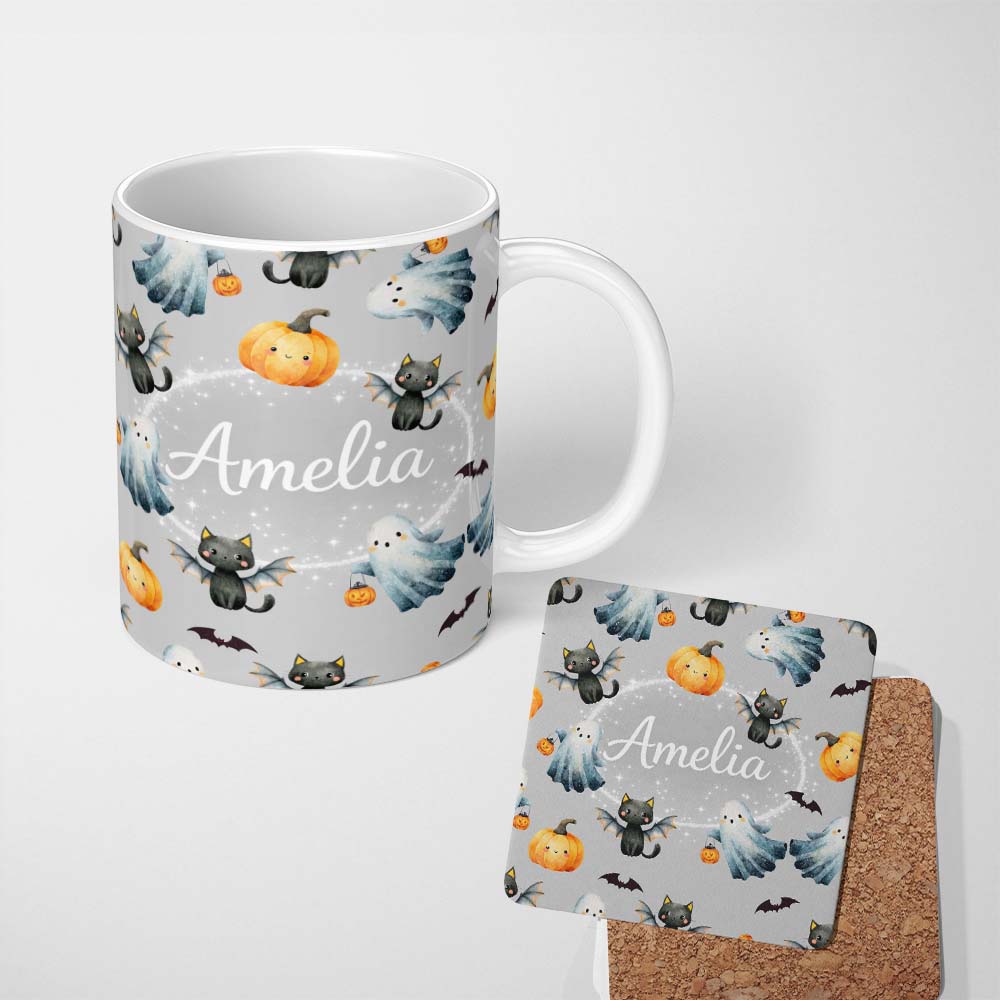 Personalized Custom Name Halloween Ghost Pumpkin Cat Seamless Pattern Cool Grey Cute Spooky 11oz Ceramic Coffee Tea Mug White Large Handle