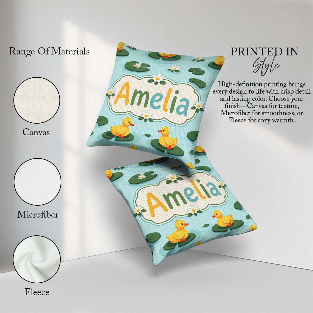 Custom Name Cute Ducks on Lily Pads Pond Nature Seamless Pattern Square Filled Cushion Throw Pillow Sofa Bed Home Decor Zip Washable UK Made