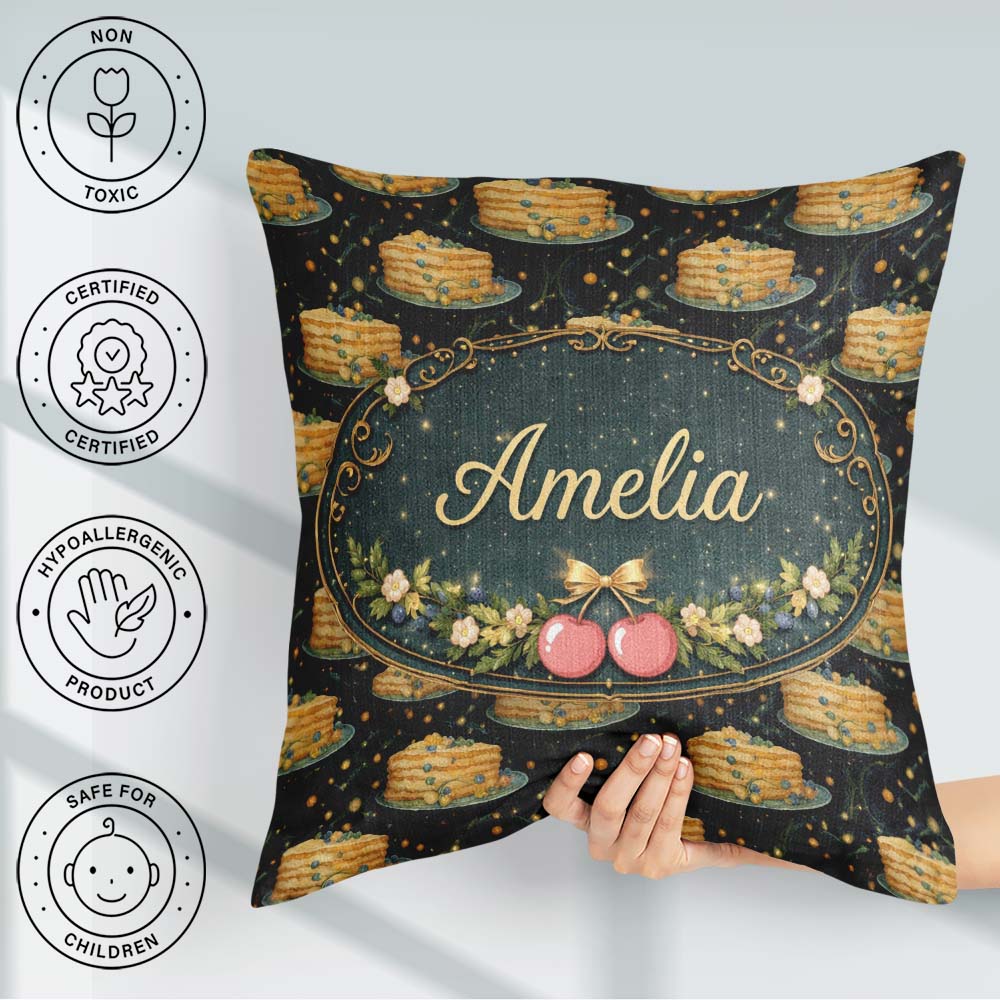 Custom Name Pink Cherry Cake Seamless Pattern Dessert Sweet Food Square Filled Cushion Throw Pillow Sofa Bed Home Decor Zip Washable UK Made