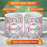 Personalized Custom Name Colorful Watercolor Leaf Pattern Seamless Botanical Abstract Design 11oz Ceramic Coffee Tea Mug White Large Handle