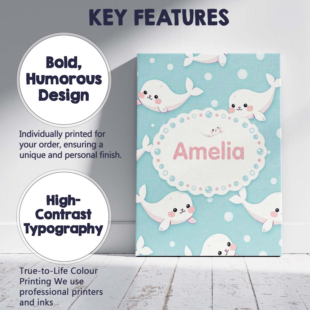 Personalised Name Cute Baby Seals Ocean Custom  Modern Room Accent Elegant Feature Canvas Wall Art Print Decor Picture Ready to Hang