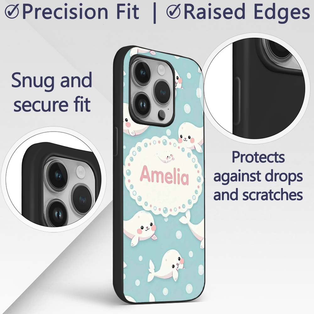 Cute Baby Seals Ocean Bubbles Marine Seamless Custom Name Protective Phone Case Mobile Cover Durable Everyday Smartphone Shock Resistant