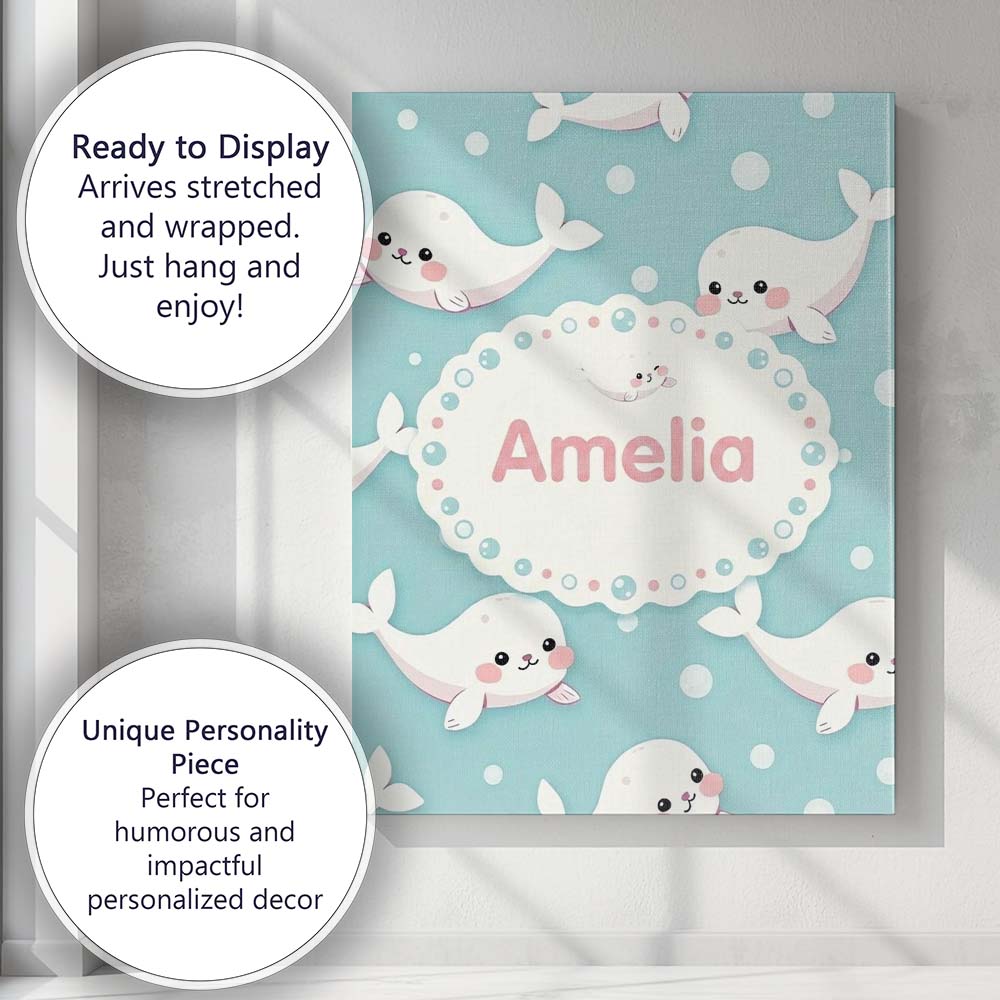 Personalised Name Cute Baby Seals Ocean Custom  Modern Room Accent Elegant Feature Canvas Wall Art Print Decor Picture Ready to Hang