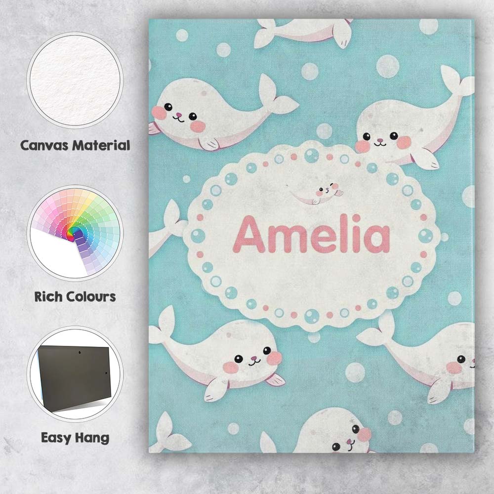 Personalised Name Cute Baby Seals Ocean Custom  Modern Room Accent Elegant Feature Canvas Wall Art Print Decor Picture Ready to Hang