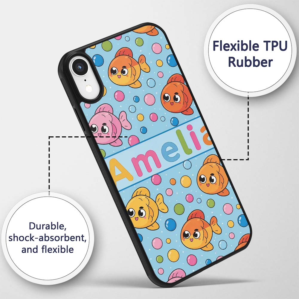 Cute Colorful Fish Bubbles Underwater Kawaii Custom Name Protective Phone Case Mobile Cover Durable Everyday Smartphone Shock Resistant