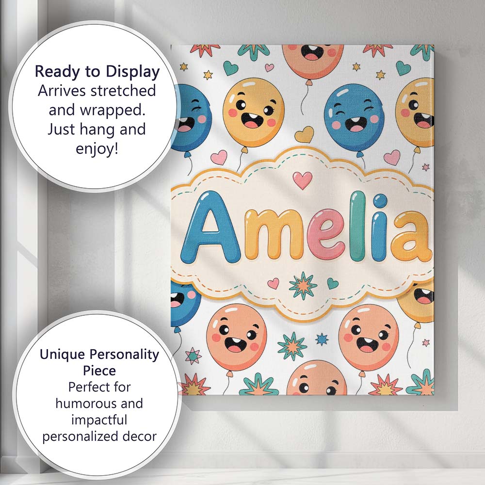 Personalised Name Cute Smiling Balloons Custom  Modern Room Accent Elegant Feature Canvas Wall Art Print Decor Picture Ready to Hang