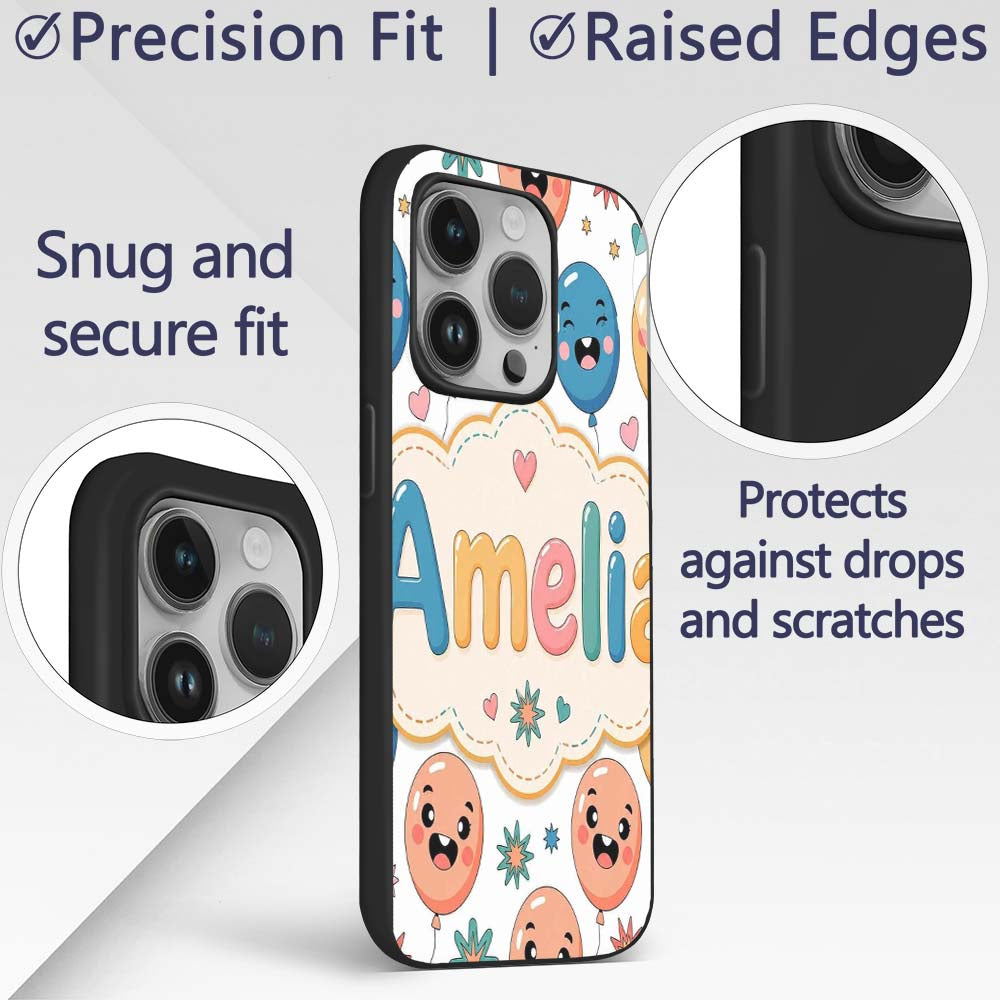 Cute Smiling Balloons Hearts and Stars Fun Party Custom Name Protective Phone Case Mobile Cover Durable Everyday Smartphone Shock Resistant
