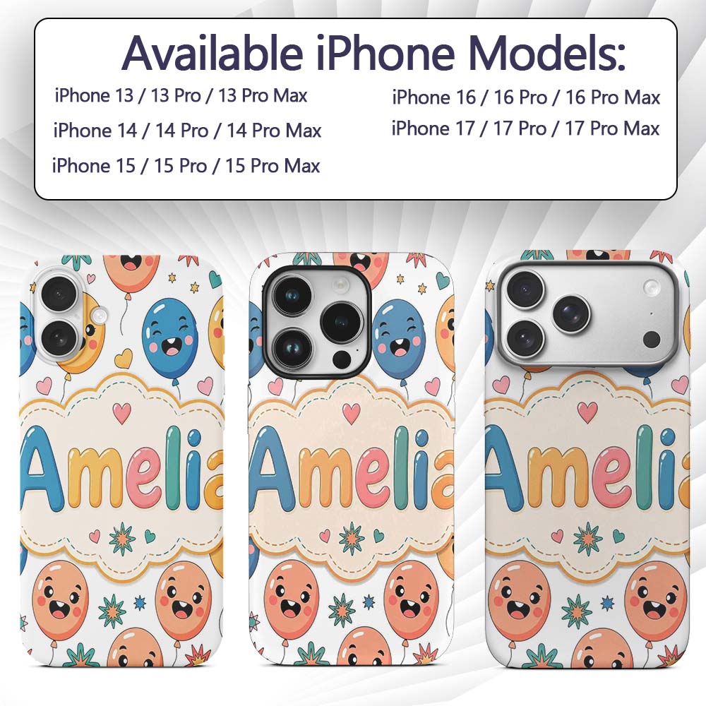 Cute Smiling Balloons Hearts and Stars Fun Party Custom Name Protective Phone Case Mobile Cover Durable Everyday Smartphone Shock Resistant