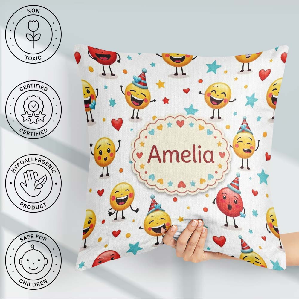 Custom Name Cute Happy Emoji Faces Party Hats Seamless Pattern Square Filled Cushion Throw Pillow Sofa Bed Home Decor Zip Washable UK Made