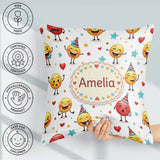 Custom Name Cute Happy Emoji Faces Party Hats Seamless Pattern Square Filled Cushion Throw Pillow Sofa Bed Home Decor Zip Washable UK Made