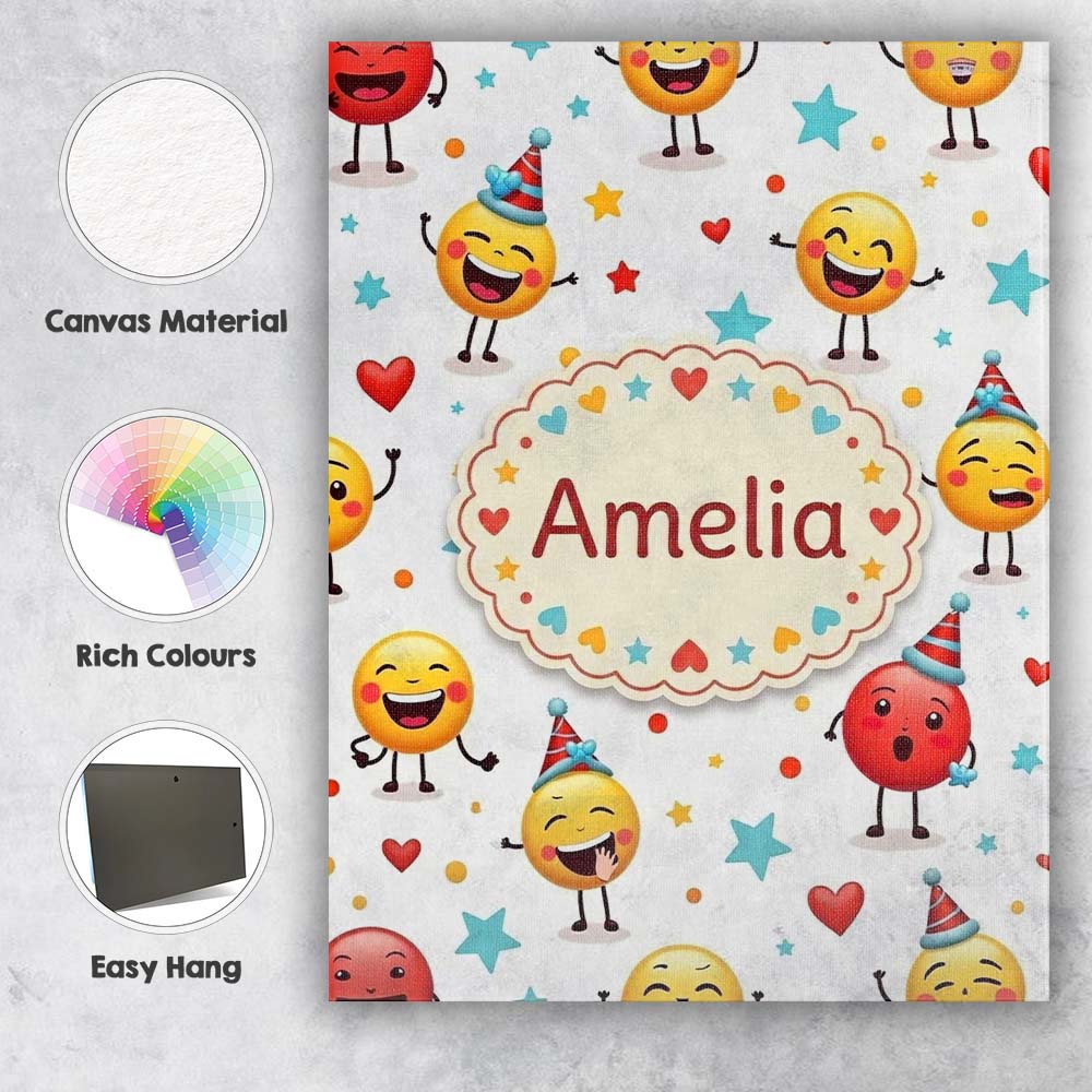 Personalised Name Cute Happy Emoji Faces Custom  Unique Gift Idea Elegant Feature Canvas Wall Art Print Decor Picture Ready to Hang