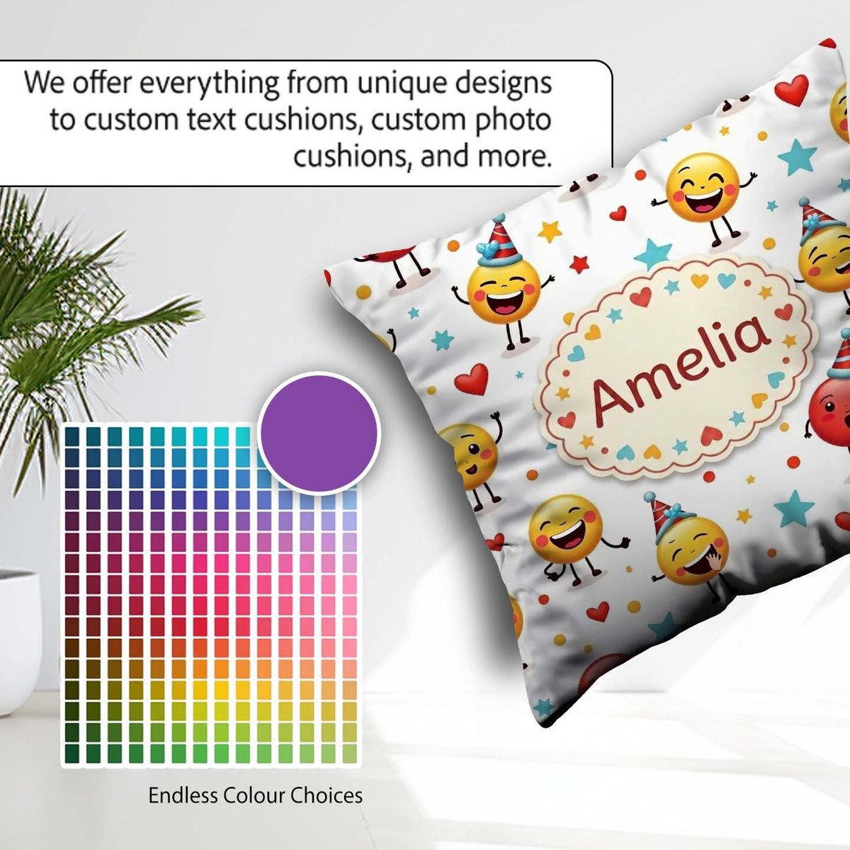 Custom Name Cute Happy Emoji Faces Party Hats Seamless Pattern Square Filled Cushion Throw Pillow Sofa Bed Home Decor Zip Washable UK Made