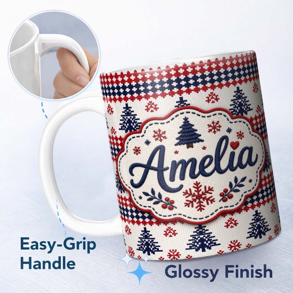 Personalized Custom Name Cute Red White Blue Nordic Christmas Tree Snowflake Seamless Pattern 11oz Ceramic Coffee Tea Mug White Large Handle