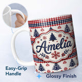 Personalized Custom Name Cute Red White Blue Nordic Christmas Tree Snowflake Seamless Pattern 11oz Ceramic Coffee Tea Mug White Large Handle