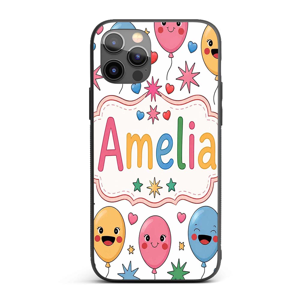 Cute Colorful Balloons Hearts and Starbursts Custom Name Protective Phone Case Mobile Cover Durable Everyday Smartphone Shock Resistant