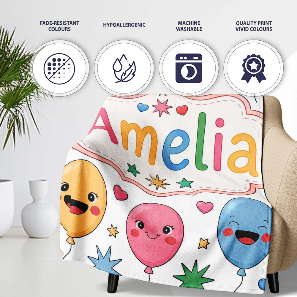 Cute Colorful Balloons Hearts and Starbursts Party Seamless Pattern  Personalised Custom Name Super Soft Fleece Blanket Bed Sofa Throw