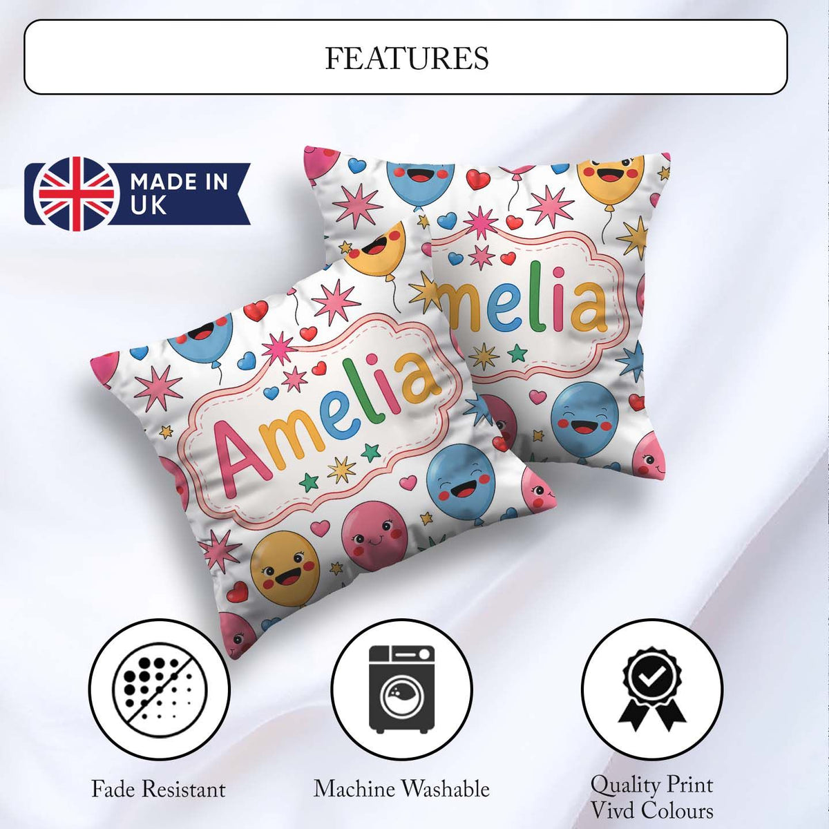 Custom Name Colorful Balloons Hearts and Party Seamless Pattern Square Filled Cushion Throw Pillow Sofa Bed Home Decor Zip Washable UK Made