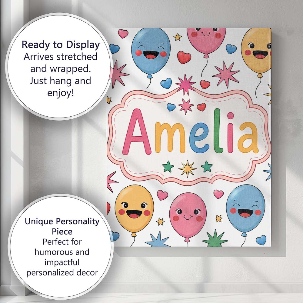 Personalised Name Cute Colorful Balloons Custom  Unique Gift Idea Elegant Feature Canvas Wall Art Print Decor Picture Ready to Hang