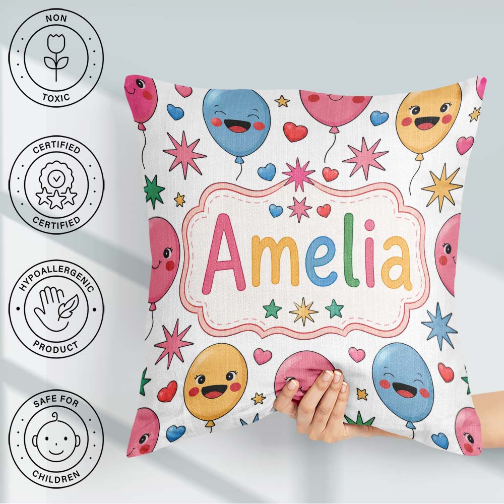 Custom Name Colorful Balloons Hearts and Party Seamless Pattern Square Filled Cushion Throw Pillow Sofa Bed Home Decor Zip Washable UK Made