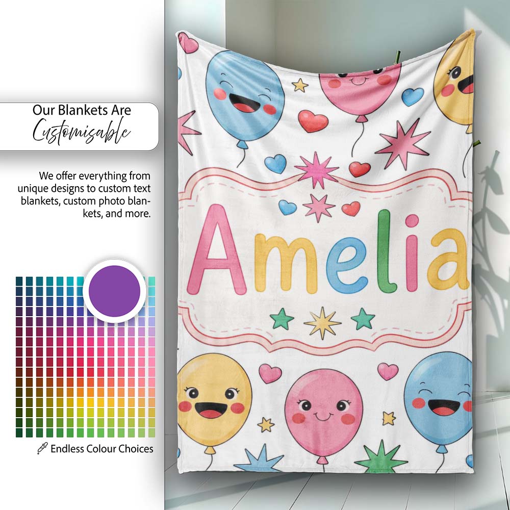 Cute Colorful Balloons Hearts and Starbursts Party Seamless Pattern  Personalised Custom Name Super Soft Fleece Blanket Bed Sofa Throw