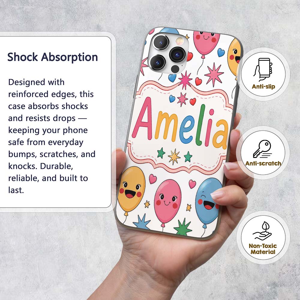 Cute Colorful Balloons Hearts and Starbursts Custom Name Protective Phone Case Mobile Cover Durable Everyday Smartphone Shock Resistant