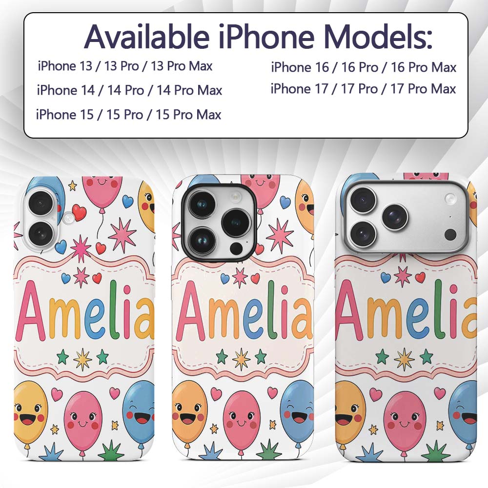 Cute Colorful Balloons Hearts and Starbursts Custom Name Protective Phone Case Mobile Cover Durable Everyday Smartphone Shock Resistant