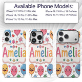 Cute Colorful Balloons Hearts and Starbursts Custom Name Protective Phone Case Mobile Cover Durable Everyday Smartphone Shock Resistant