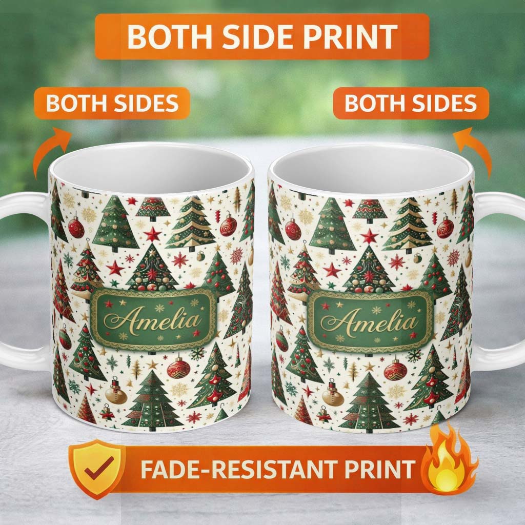 Personalized Custom Name Classic Christmas Tree Ornaments and Festive Decor Seamless Pattern 11oz Ceramic Coffee Tea Mug White Large Handle